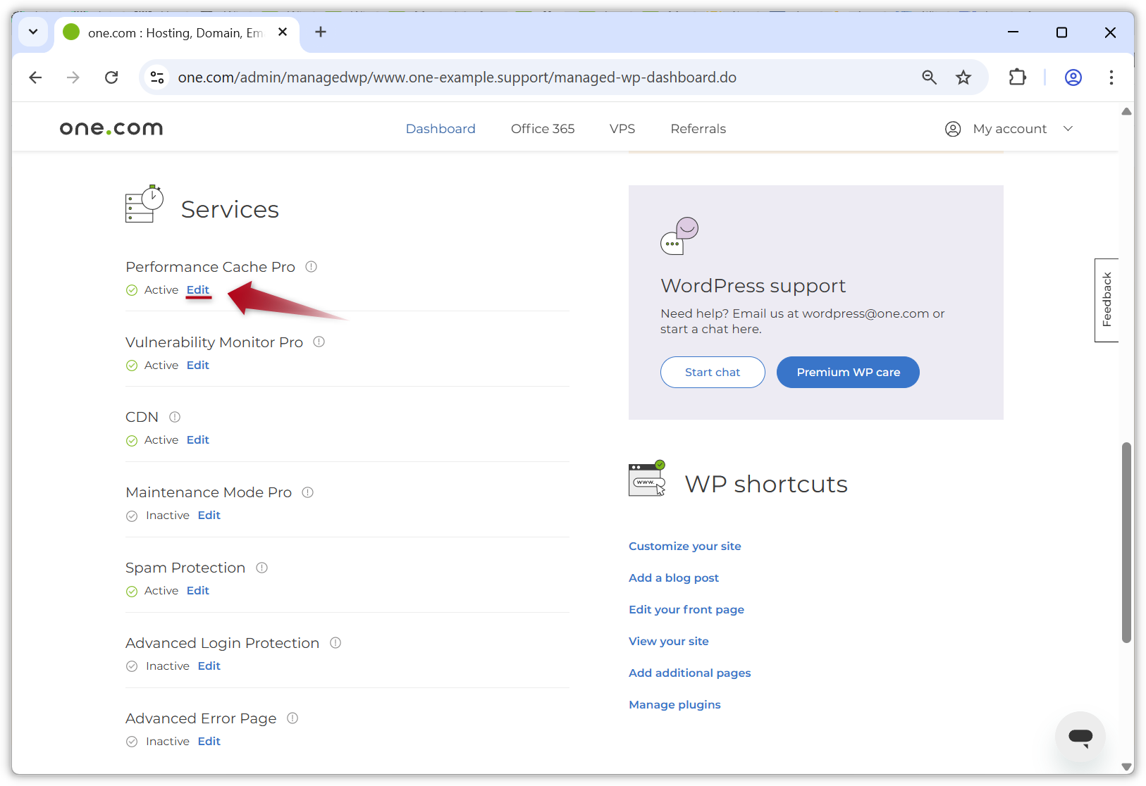 Skærmbillede af Managed WP-dashboardet i kontrolpanelet.