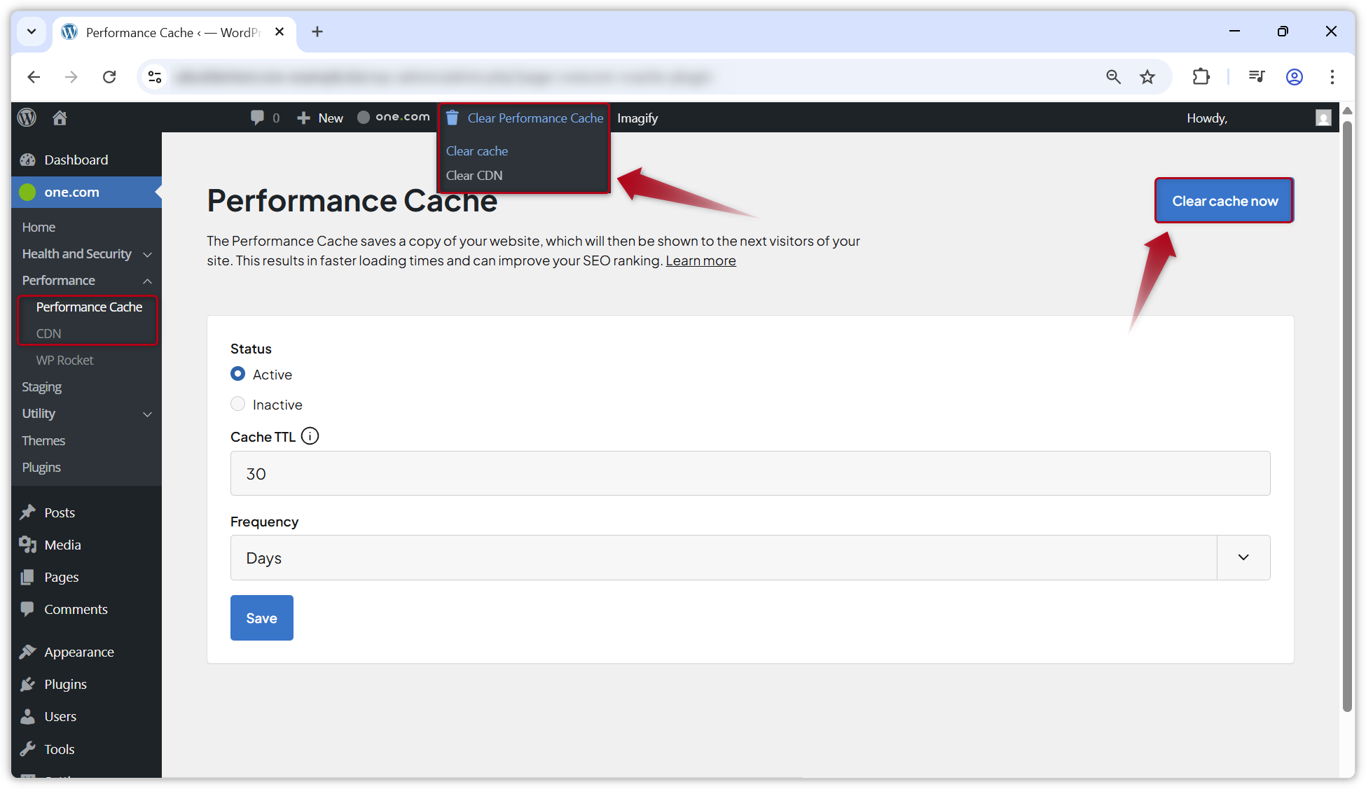 Screenshot showing how to clear cache in Performance Cache plugin.