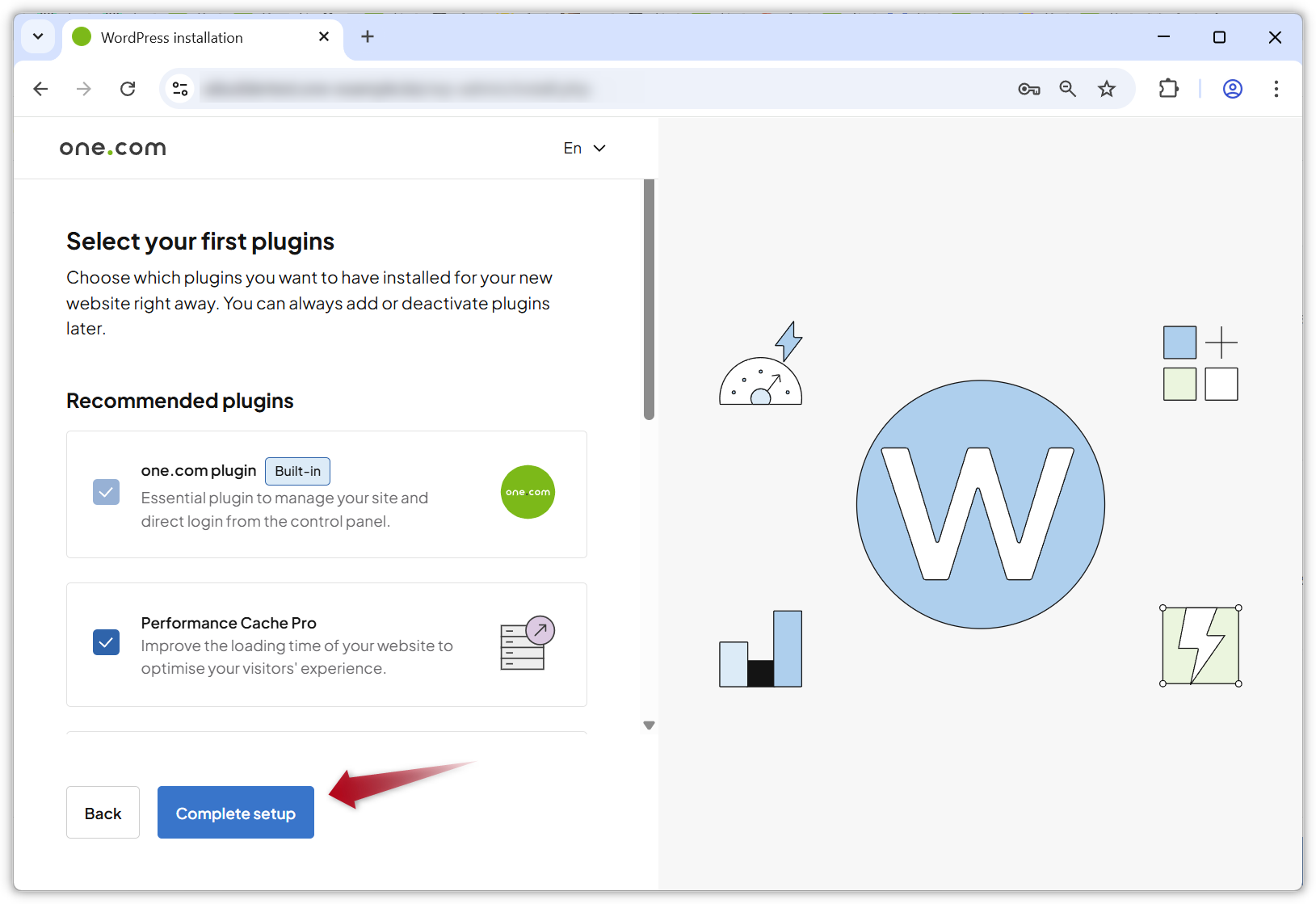 Captura de pantalla del paso en el que puedes elegir plugins para tu nuevo sitio de WordPress.