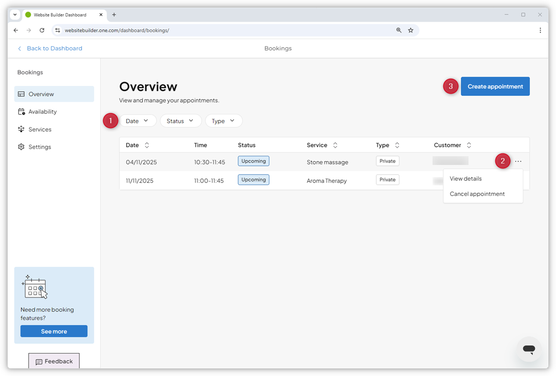Screenshot of the overview page with numbered red dots highlighting the filter, viewing and cancellation, and create appointment options.