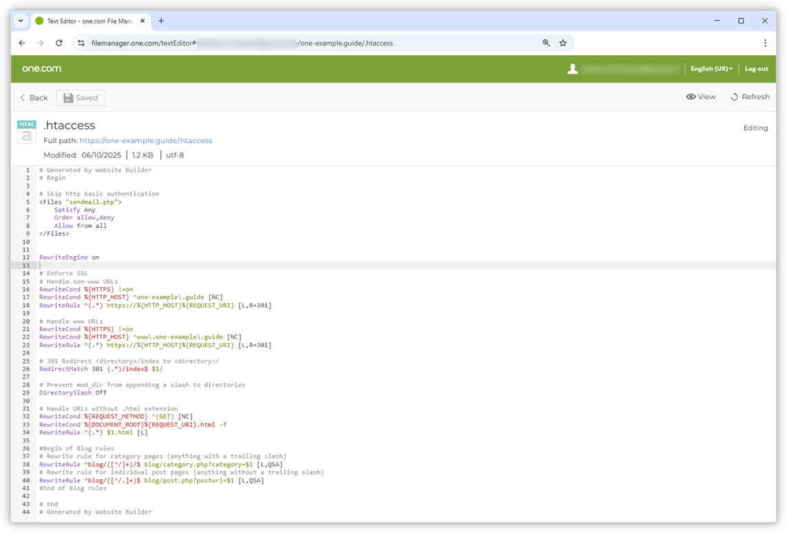 del file .htaccess aperto in File Manager.