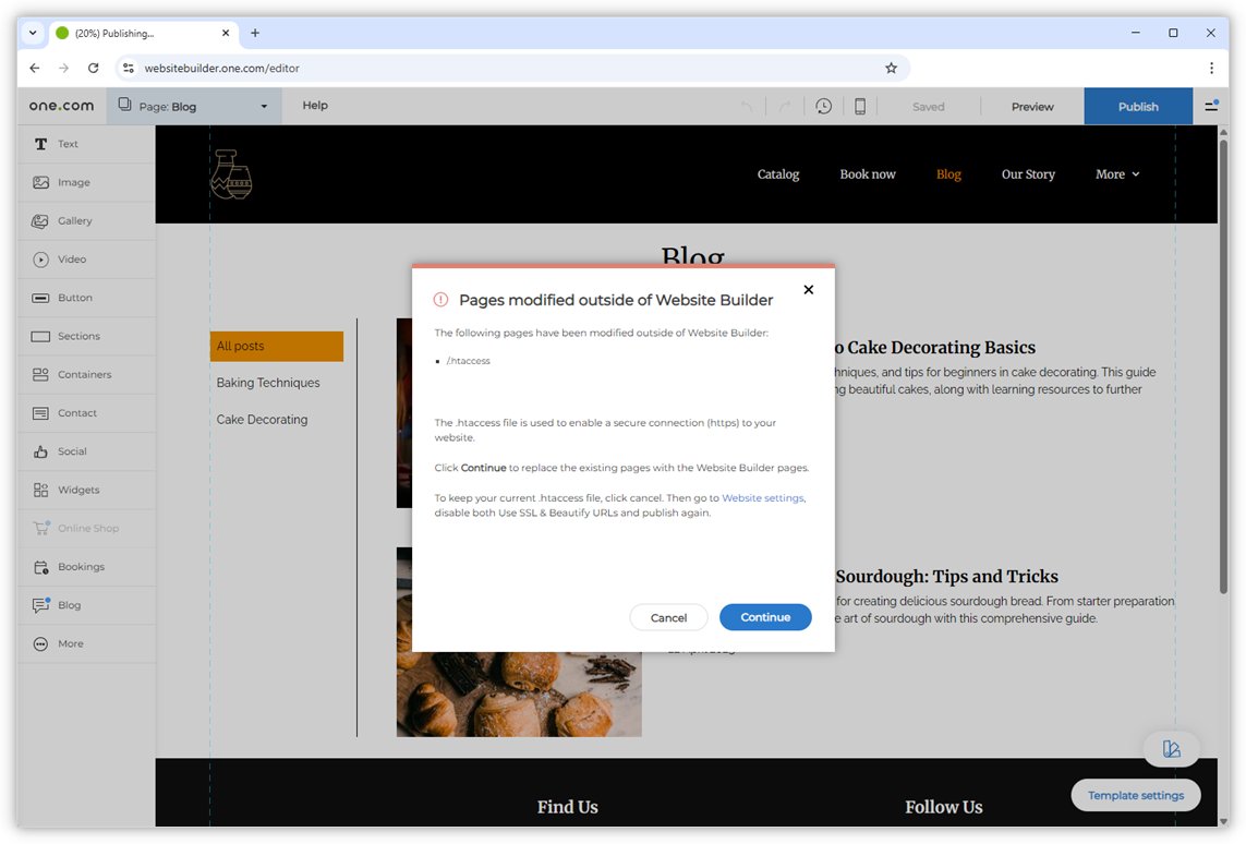 Screenshot der Warnmeldung im Homepage-Baukasten.