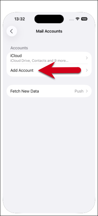 Screenshot of the Mail Accounts screen with a red arrow pointing to "Add account".