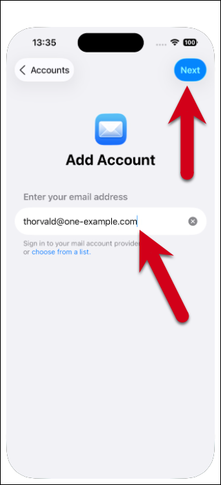 Screenshot of the Mail Accounts screen with a red arrow pointing to the field "Enter your email address" and the «Next» button.