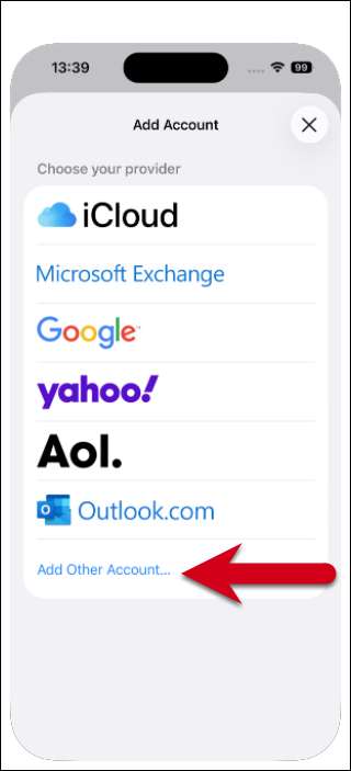 Screenshot of the Add Account window, with a red arrow pointing to ‘Add other account…’ in the list of providers.