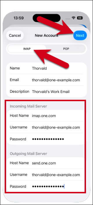 Screenshot of the New Account screen with incoming and outgoing mail server settings entered and a red arrow pointing to IMAP and Next.