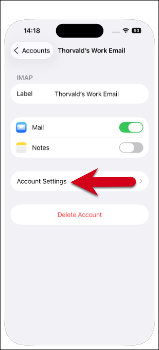 Screenshot of the account settings screen with a red arrow pointing to Account Settings.