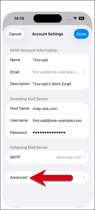 Screenshot of the Account Settings page showing incoming and outgoing mail server information, with a red arrow pointing to Advanced.