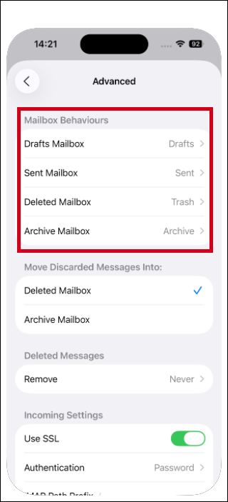 Screenshot of the Advanced settings page with a red box highlighting the Drafts Mailbox, Sent Mailbox, Deleted Mailbox, and Archive Mailbox options.