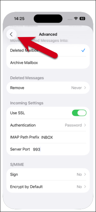 Screenshot of the Advanced settings page with a red arrow pointing to the Back button in the upper left corner.