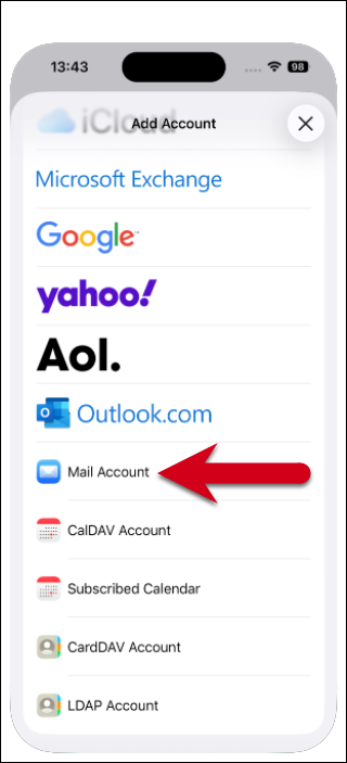 Screenshot della finestra Aggiungi account, con una freccia rossa che indica "Mail Account".