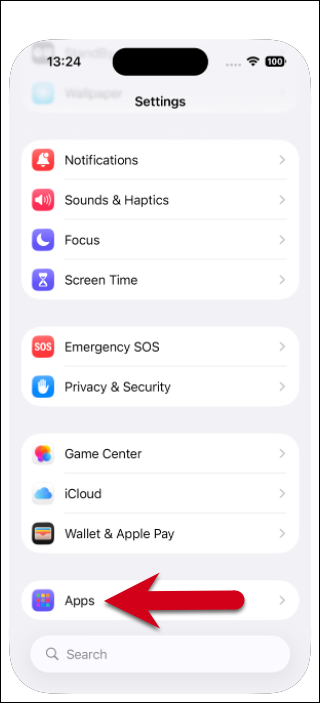 Screenshot der iPhone-Einstellungen-App mit einem roten Pfeil, der am unteren Ende der Liste auf Apps zeigt.