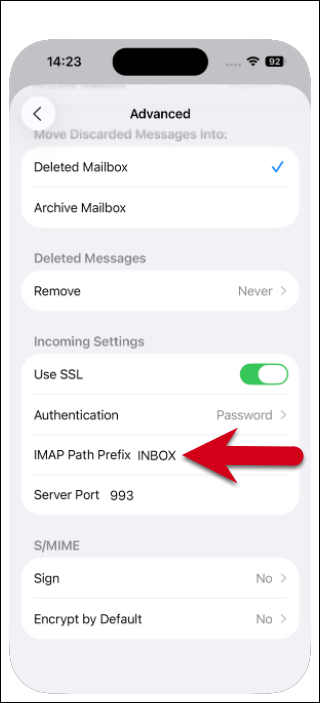 Screenshot della pagina delle impostazioni avanzate con una freccia rossa che indica il prefisso del percorso IMAP impostato su INBOX.