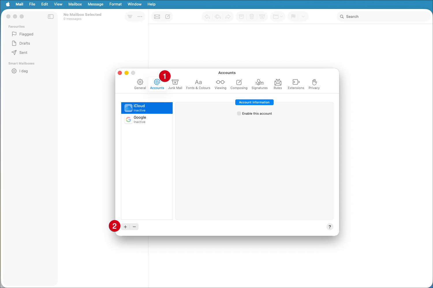 Screenshot of the Mac Mail application with red numbered circles highlighting “Accounts” and the “+” icon.