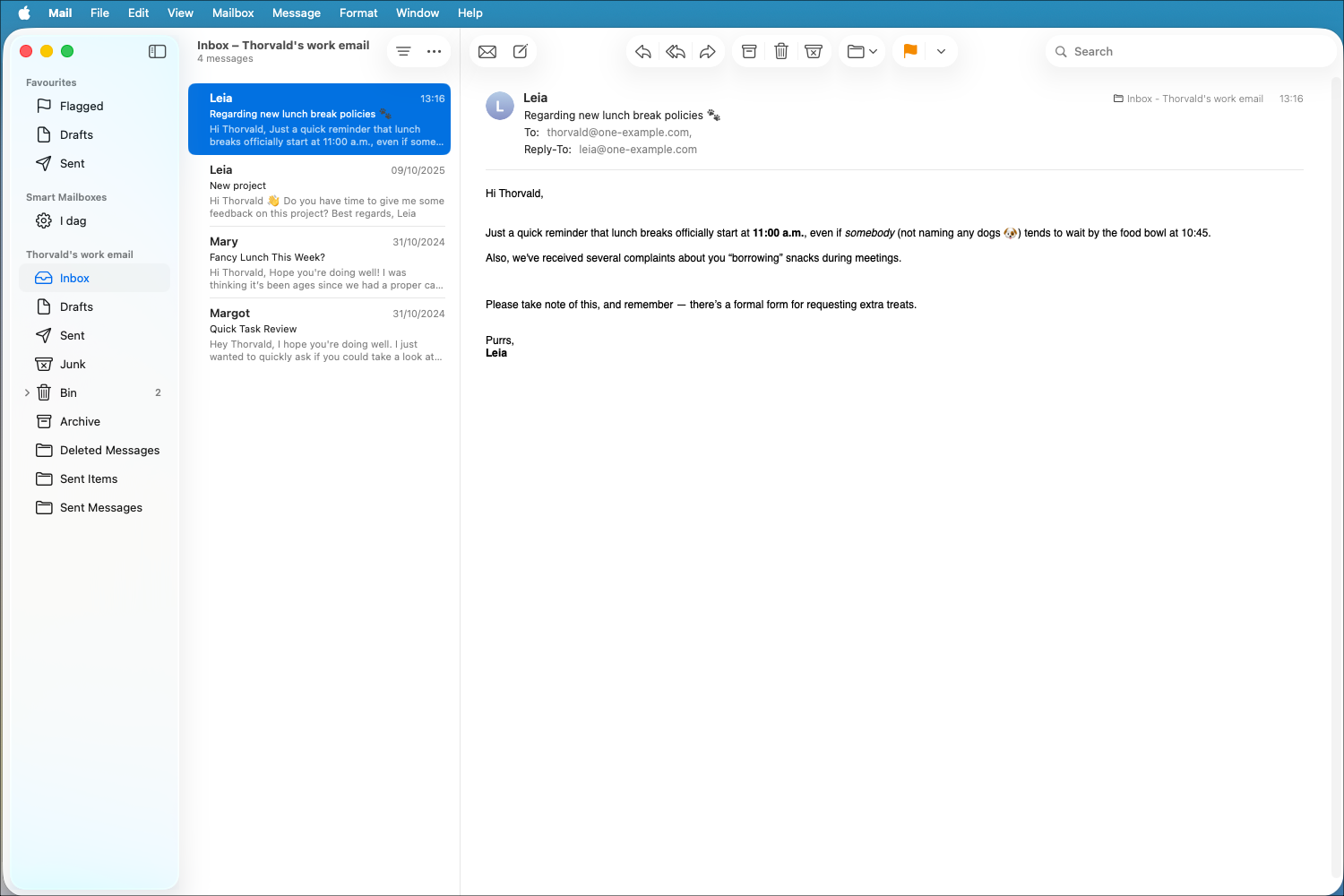 Screenshot of the Mac Mail application showing the Inbox with example emails.