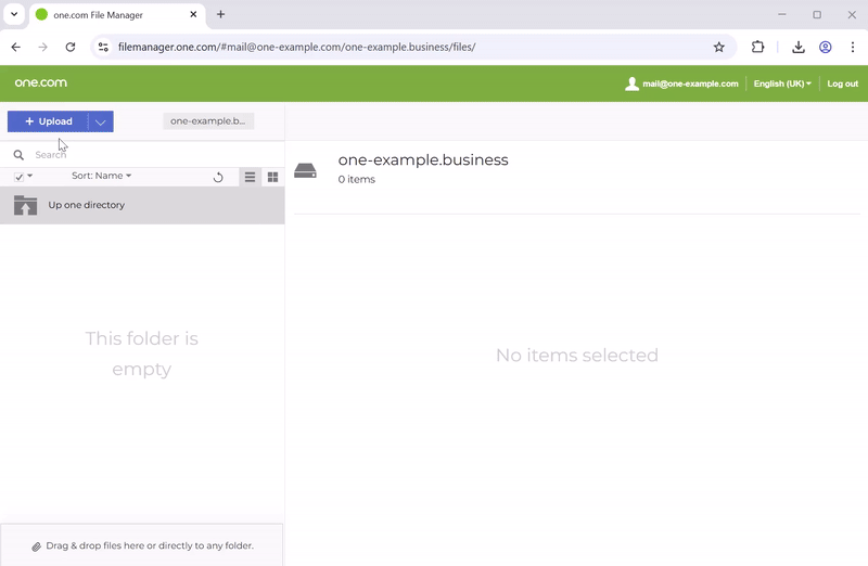 Gif animation showing how to upload and unzip the WordPress files.