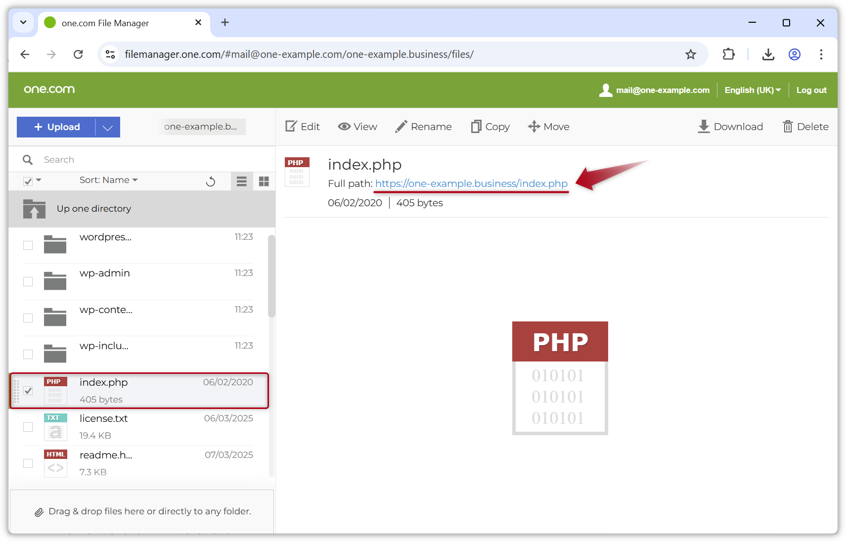 Skärmdump av filen index.php i Filhanteraren.