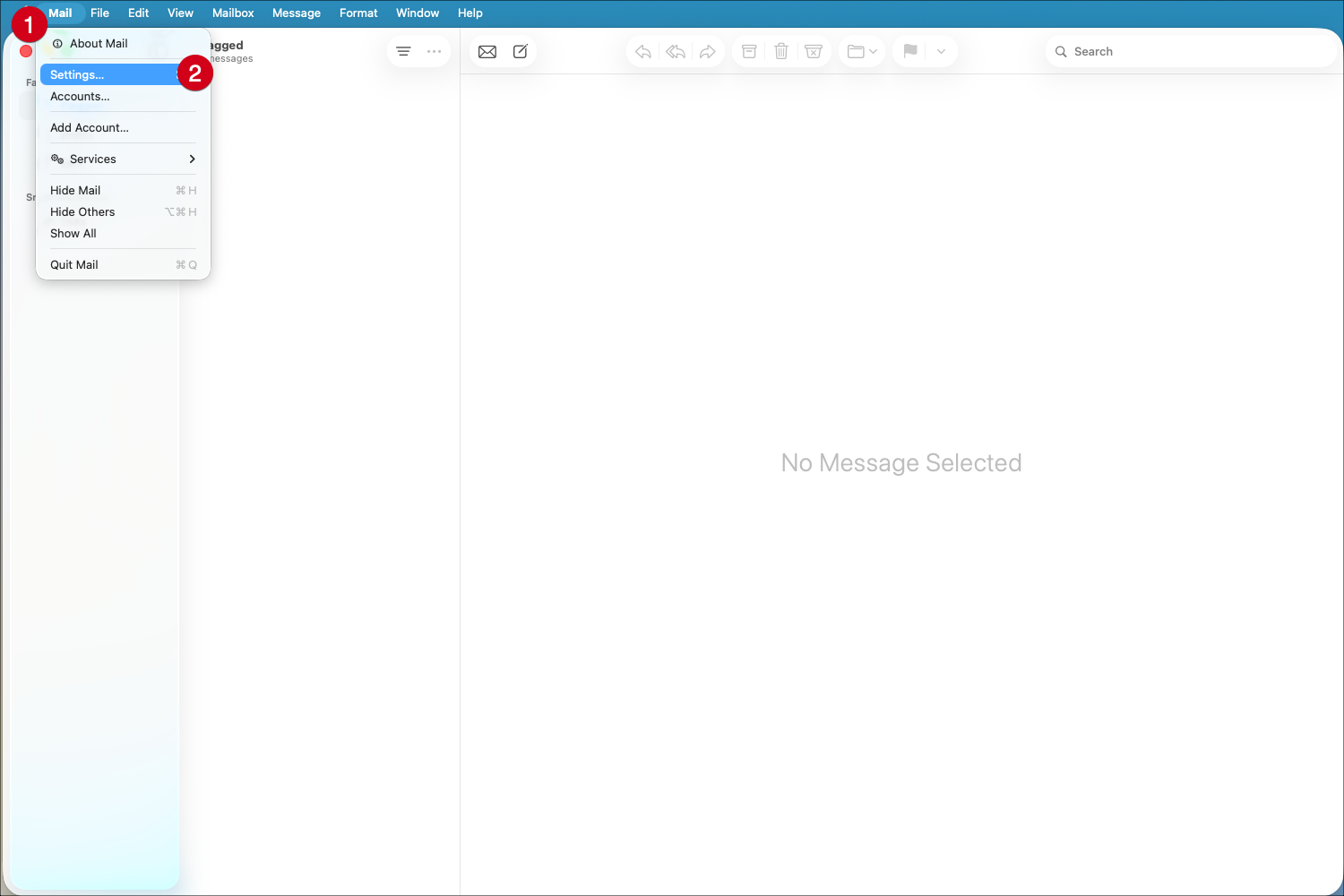 Kuvakaappaus Mac Mail -sovelluksesta, jossa punaiset numeroidut ympyrät korostavat "Mail"- ja "Asetukset"-kohtia valikossa.