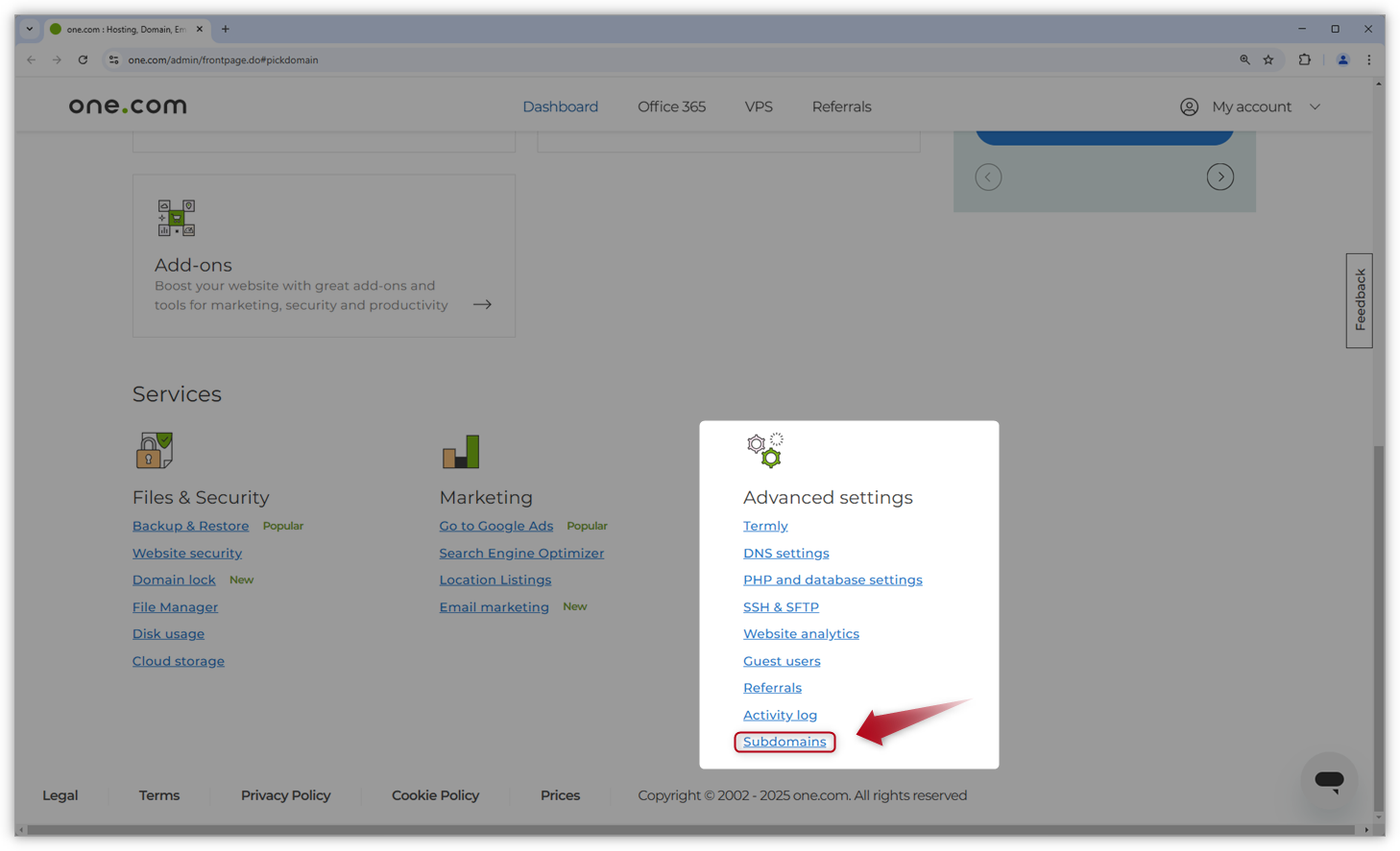 Screenshot zeigt, wo Sie im Kontrollpanel klicken müssen, um Subdomains zu finden.