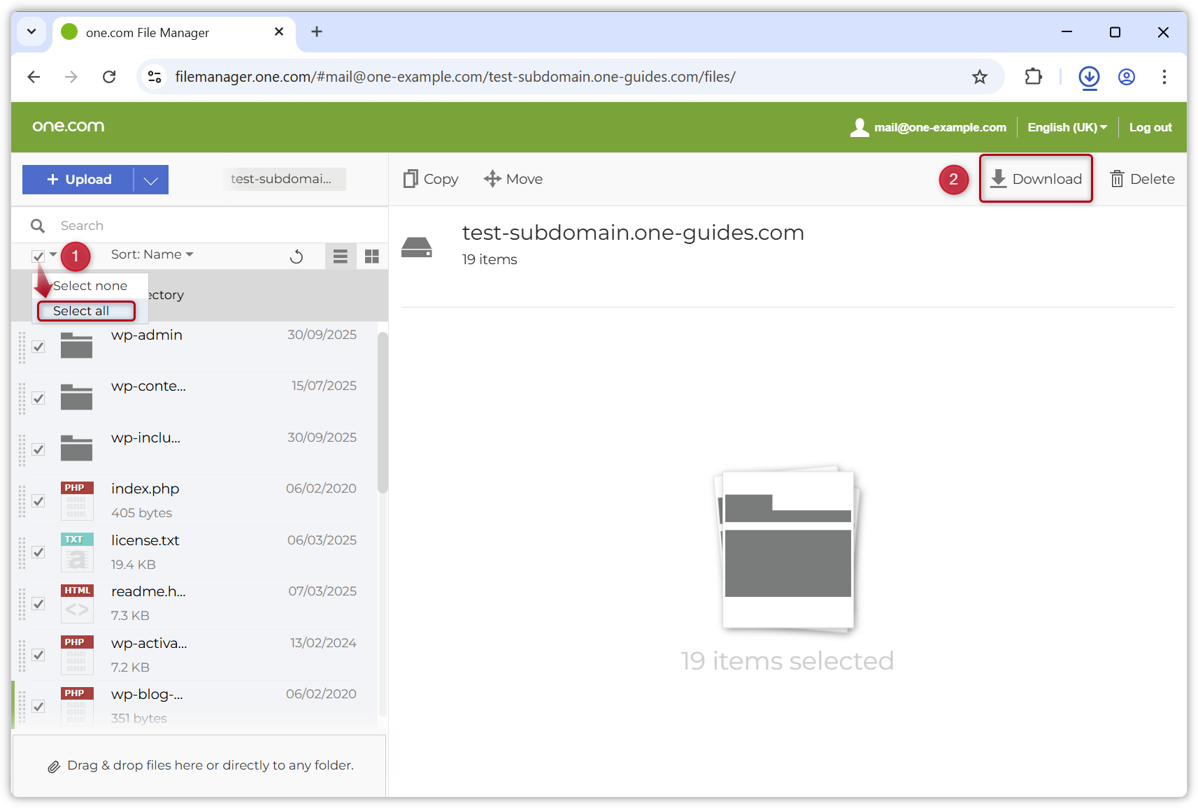 Screenshot, der zeigt, wie Sie die WordPress-Dateien im File Manager herunterladen können.