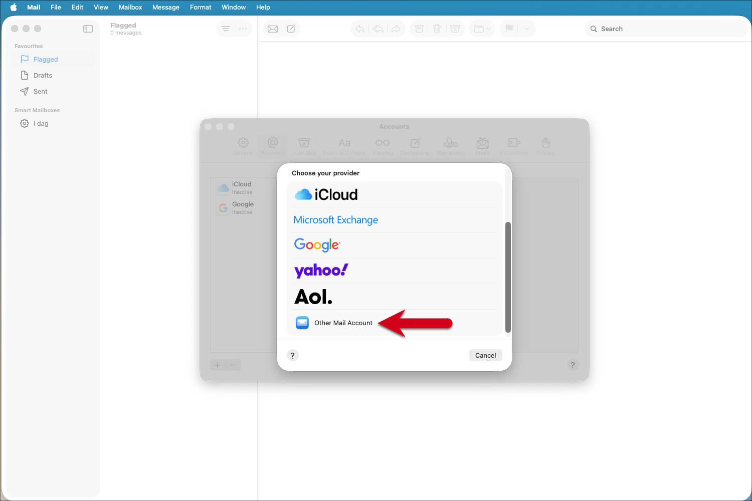 Screenshot des Popup-Fensters mit einer Liste von E-Mail-Anbietern, wobei ein roter Pfeil auf „Anderer Mail-Account“ verweist.