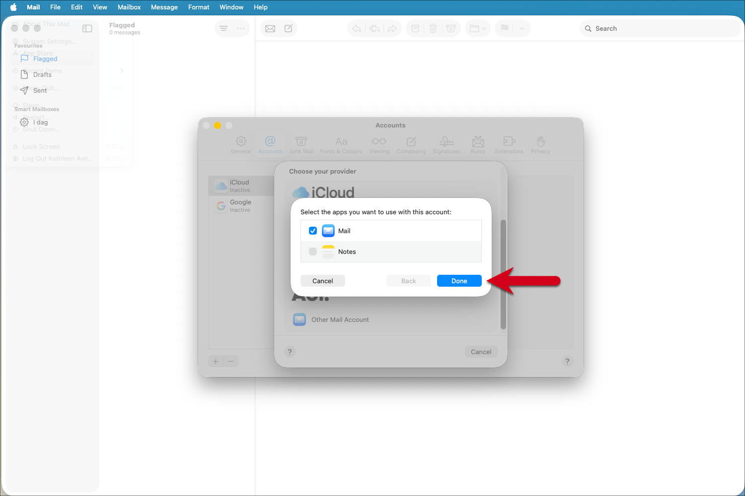 Screenshot des Popup-Fensters, in dem Sie auswählen können, welche Apps verwendet werden sollen, wobei ein roter Pfeil auf „Fertig“ zeigt.