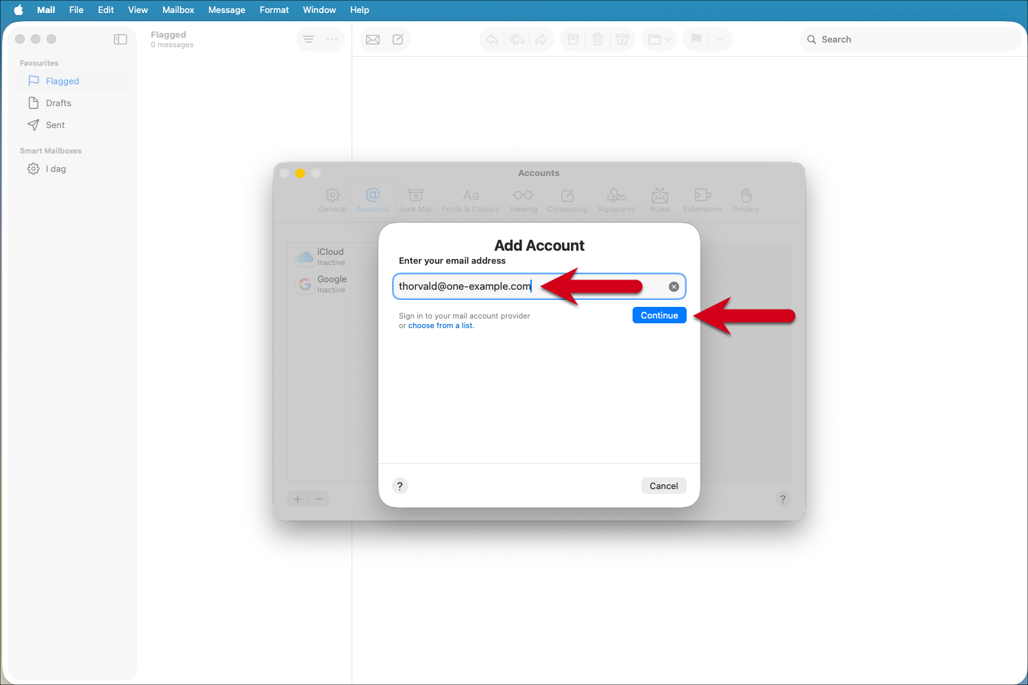 Skærmbillede af opsætningsvinduet Tilføj Konto i Mac Mail-appen med røde pile, der peger på feltet "Indtast din e-mailadresse" og knappen "Fortsæt".