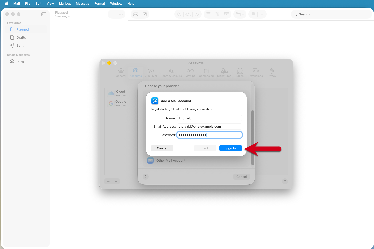 Screenshot van het pop-upvenster "Een e-mailaccount toevoegen" met accountgegevens, met een rode pijl die naar "Inloggen" wijst.