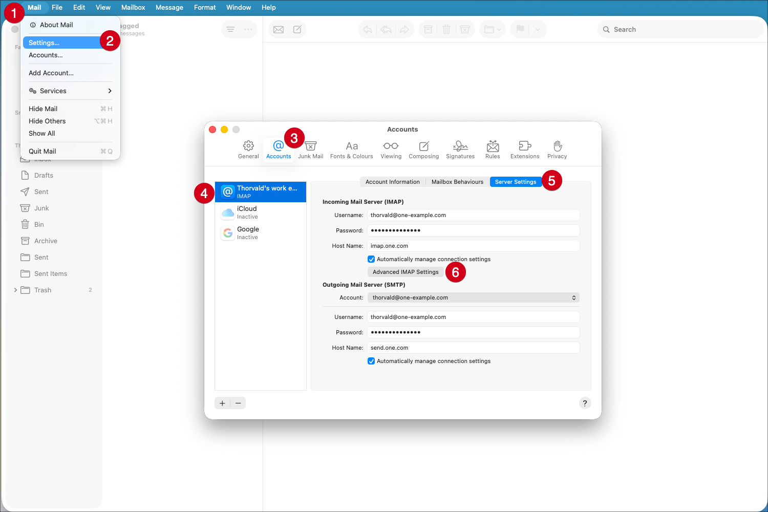 Skärmdump av fliken Serverinställningar i Mac Mail, med röda numrerade cirklar som markerar menyerna "Mail" och "Inställningar" i det övre vänstra hörnet, "Konton", din e-postadress, fliken "Serverinställningar" och knappen "Avancerade IMAP-inställningar".