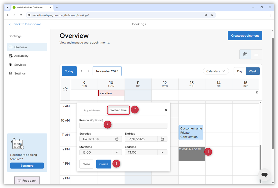 A screenshot of the calendar overview in the Bookings dashboard displays the open Blocked time pop-up window, with red numbered dots highlighting the described steps.