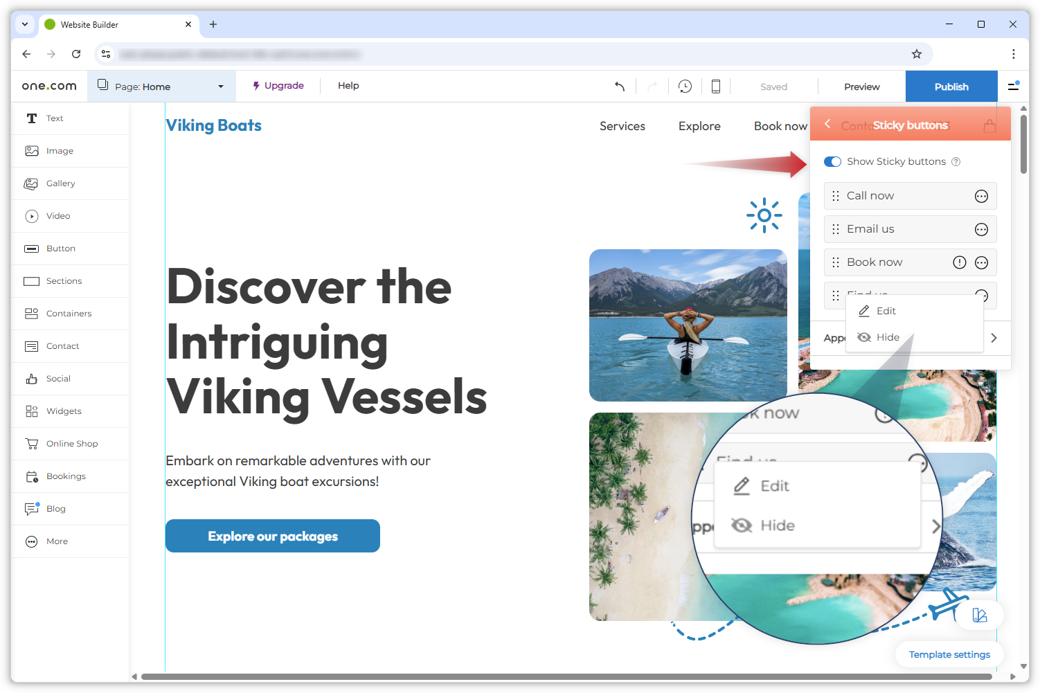 Skjermbilde som viser menyen for de «Festede knappene». Et forstørrelsesglass zoomer inn på den åpne menyen med de tre prikkene og viser alternativene «Rediger» og «Skjul».