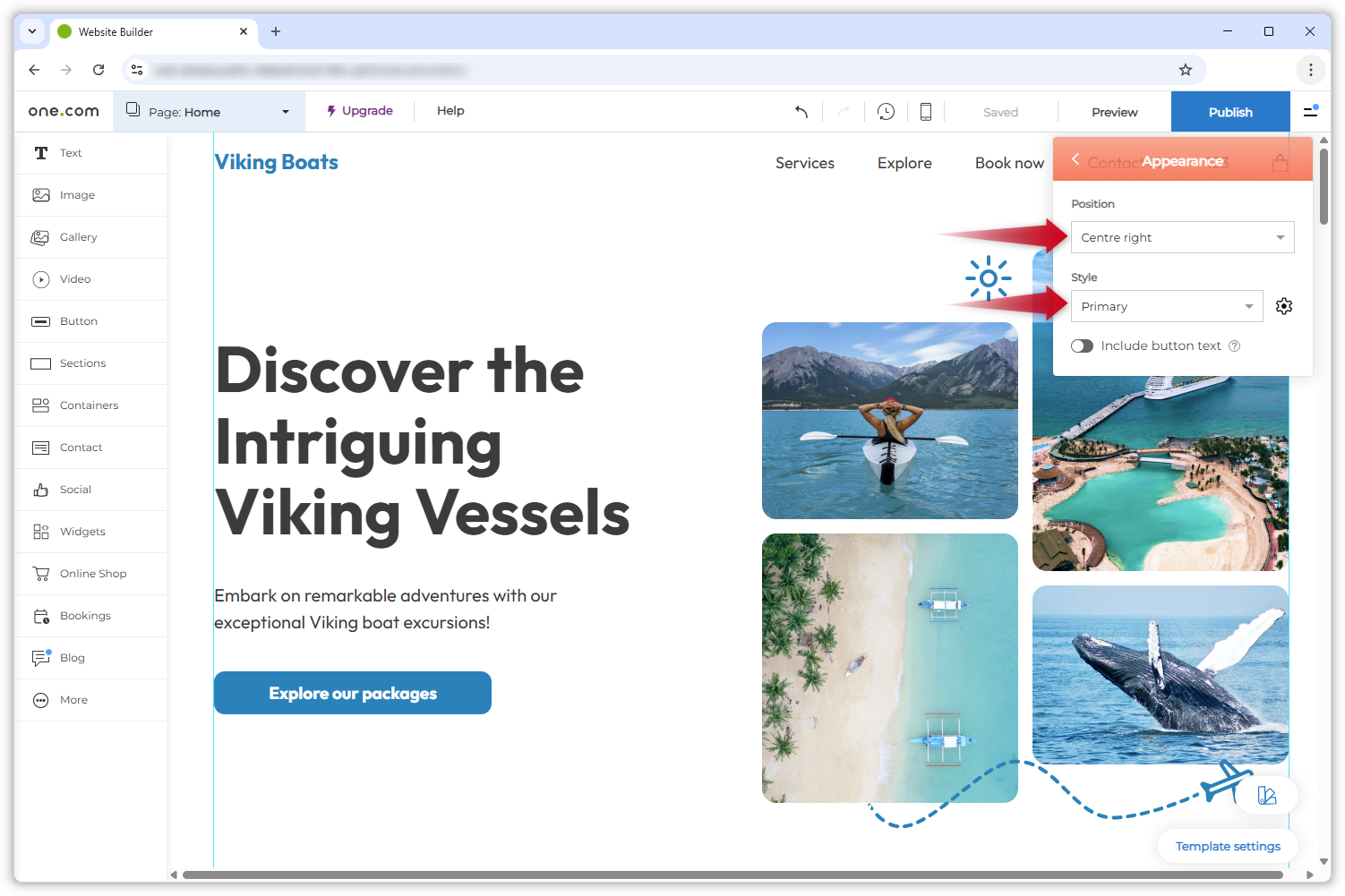 Screenshot, der das geöffnete „Aussehen“-Menü zeigt. Ein roter Pfeil weist auf „Position“ und ein weiterer auf „Stil“.