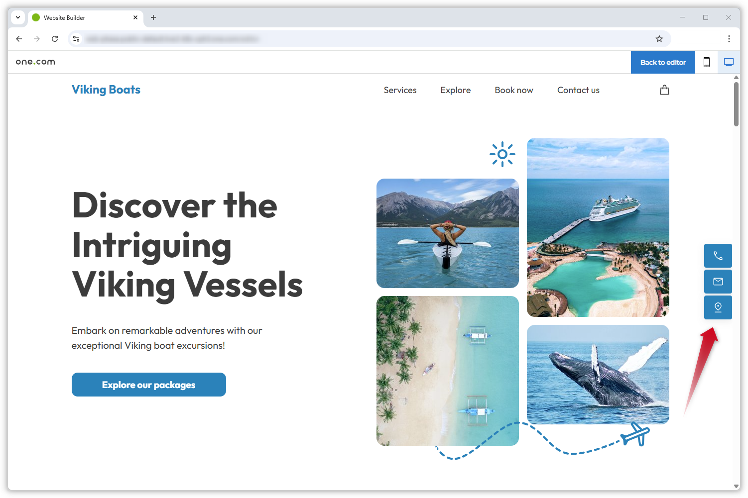 Screenshot, der die Website im Vorschaumodus zeigt. Ein roter Pfeil zeigt auf die Fixierten Buttons auf der rechten Seite.