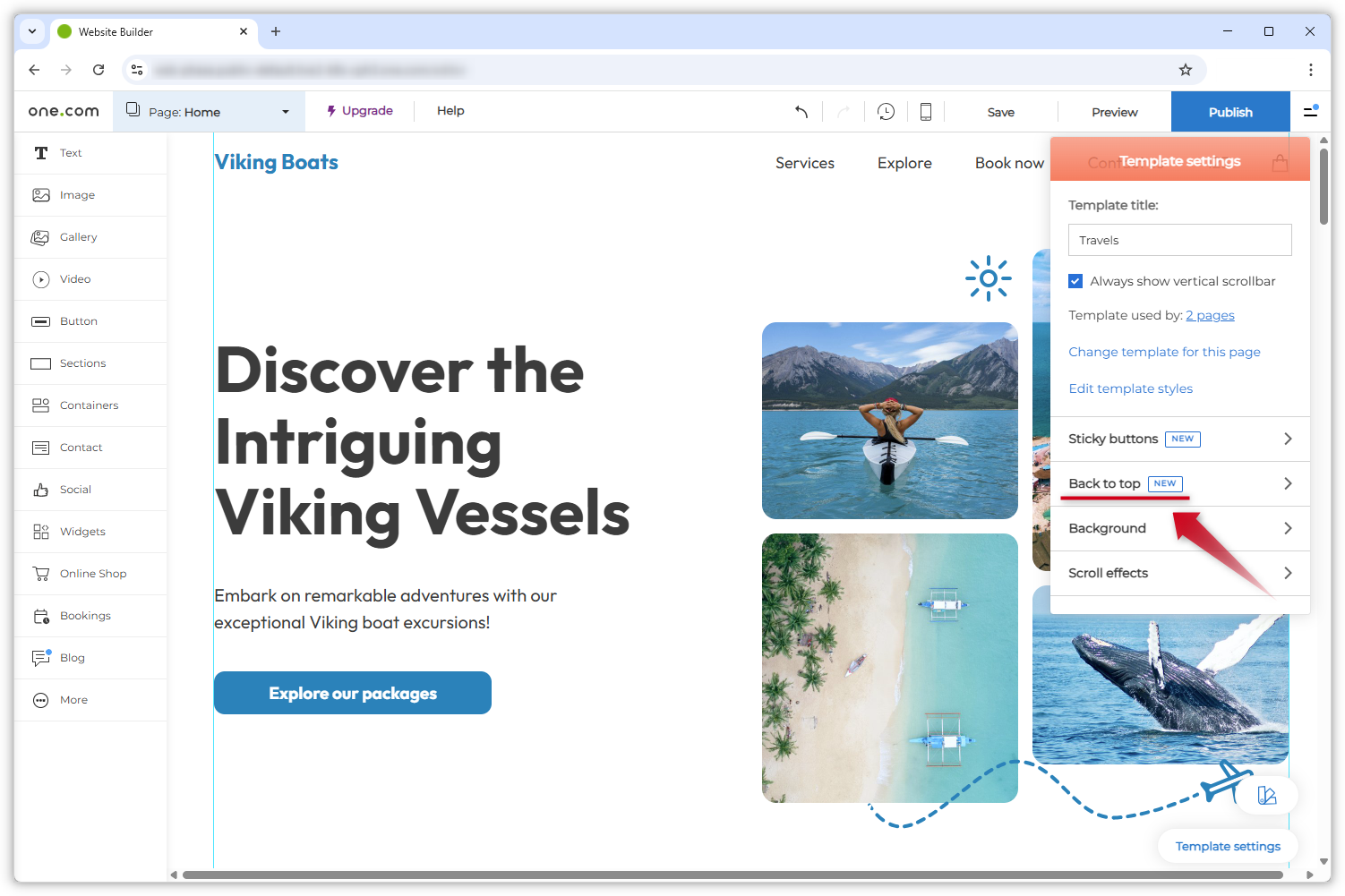 Skærmbillede, der viser den åbne  'Skabelonindstillinger'-menu. 'Tilbage til toppen' er understreget med rødt, og en rød pil peger også på den mulighed.