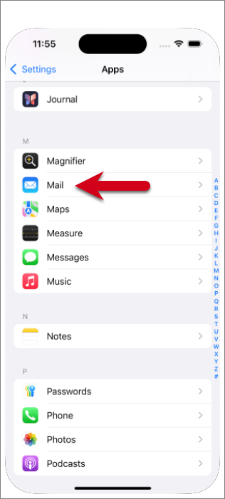 Screenshot dell'elenco delle app per iPhone con una freccia rossa che punta a Mail.