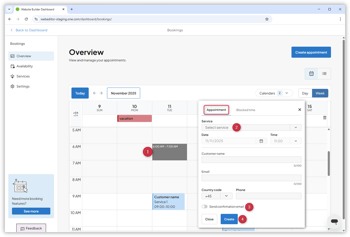 Uma captura de tela da visão geral do calendário no painel de controlo de Reservas exibe a janela pop-up de compromisso aberto, com pontos vermelhos numerados destacando as etapas descritas.