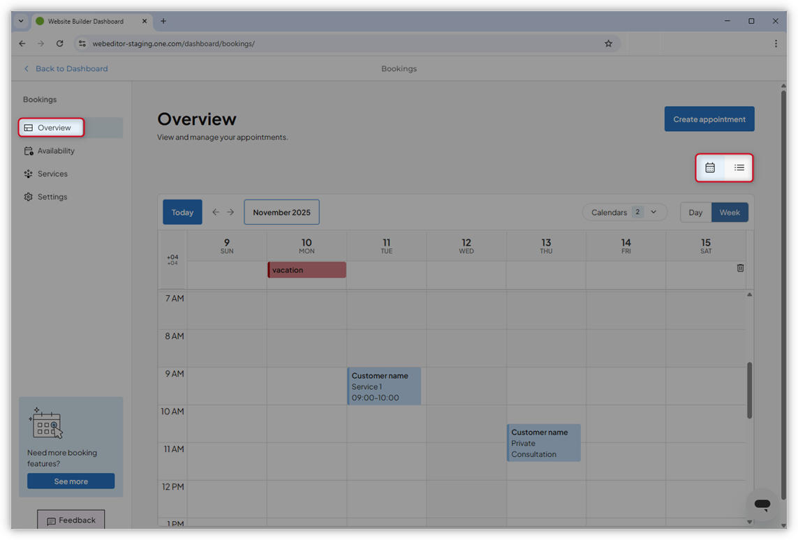 Screenshot der Kalenderübersicht im Buchungssystem-Dashboard. "Übersicht" ist im linken Menü hervorgehoben und die genannten Buttons in der rechten oberen Ecke.