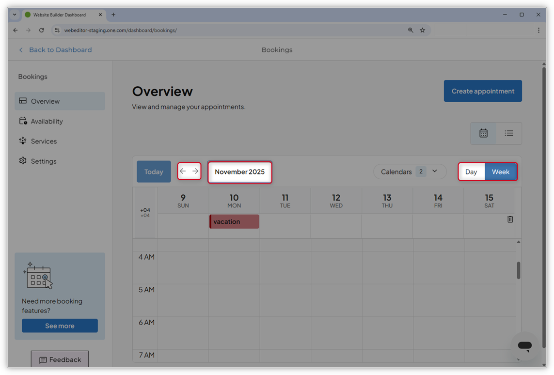 Screenshot della panoramica del calendario nella dashboard Prenotazioni. Sono evidenziate le frecce, il mese e i pulsanti Giorno/Settimana.