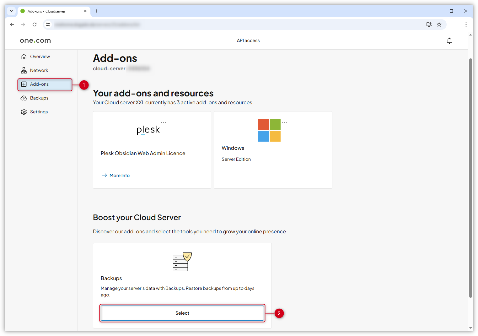 Screenshot van de Add-ons-pagina in het oneHome-dashboard, waarop te zien is hoe je de Backups-add-on voor VPS kunt kopen.