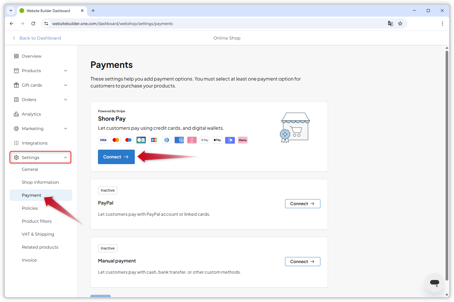 Skärmbild som visar betalningssidan i Webbshoppens instrumentpanel. En röd pil pekar på knappen "Anslut" i Shore Pay-panelen.