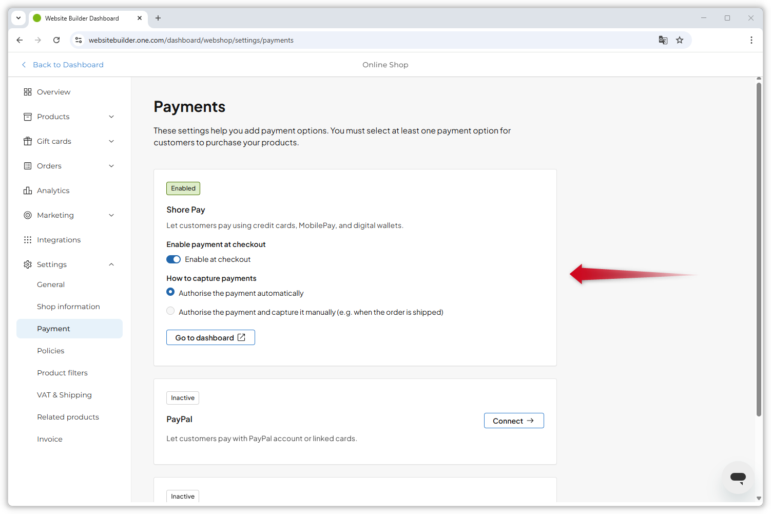 Screenshot che mostra la pagina Pagamenti nella dashboard del negozio online. Il riquadro Shore Pay ora presenta l'etichetta "connesso" ed è possibile visualizzare le impostazioni per la gestione dei pagamenti.
