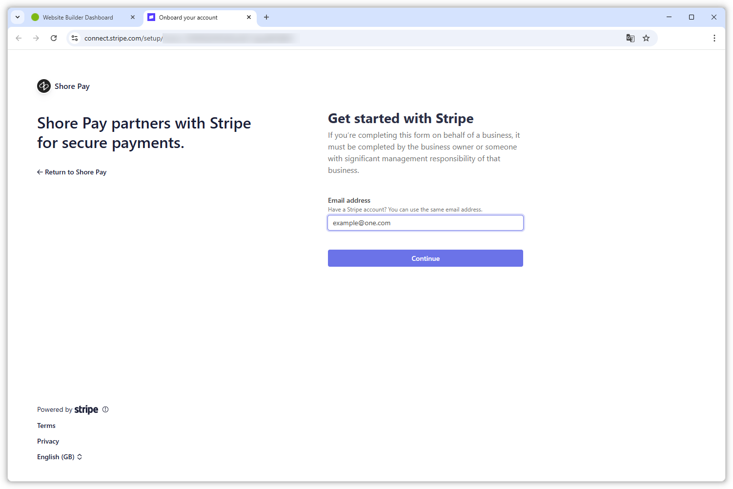 Ein Screenshot zeigt die Einführungsseite für Shore Pay. In einer Willkommensnachricht heißt es: "Shore Pay arbeitet mit Stripe für sichere Zahlungen zusammen". Sie sehen auch ein Feld, in das Sie Ihre E-Mail-Adresse eingeben können.