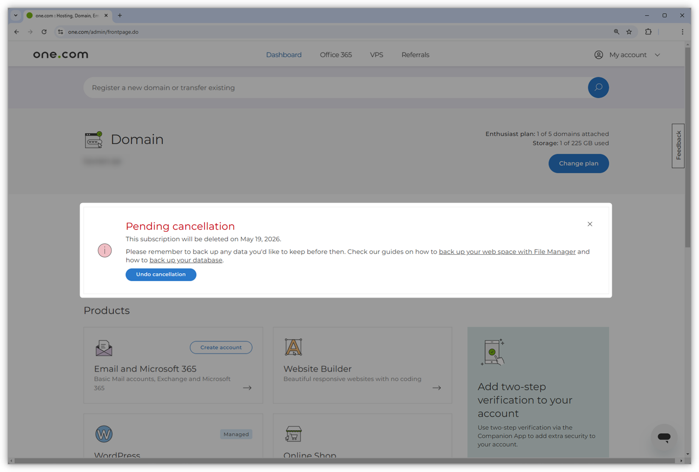 Screenshot of the Control Panel highlighting a notification about the current cancellation.
