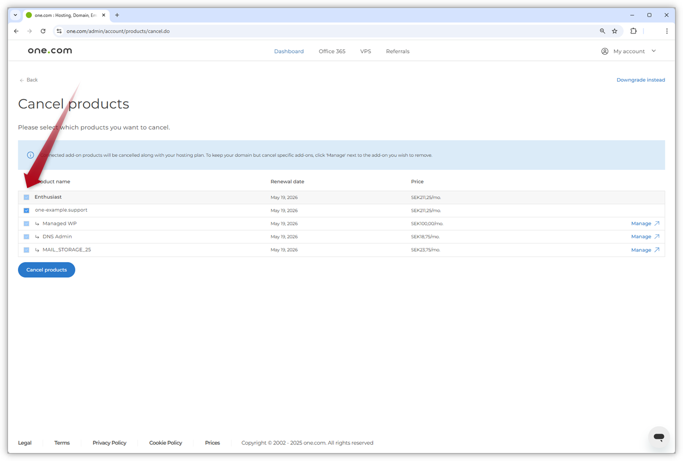 Screenshot showing the cancellation page with an arrow pointing to the product check-boxes.