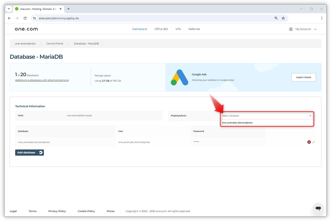 Screenshot waarin je ziet waar je een database selecteert in het Configuratiescherm