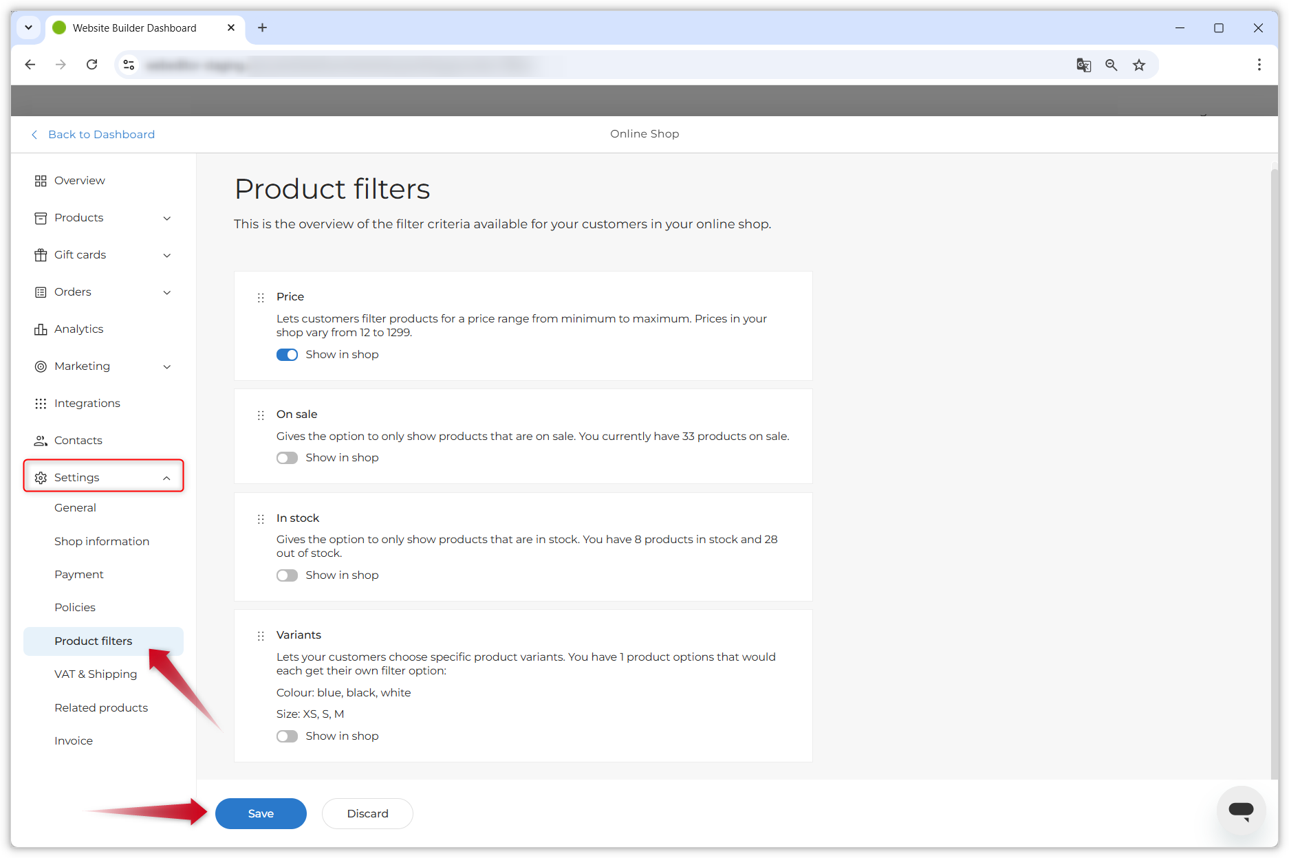 Captura de pantalla que muestra la página de filtros de producto. Una flecha roja señala la opción Filtros de producto en el menú desplegable Configuración.