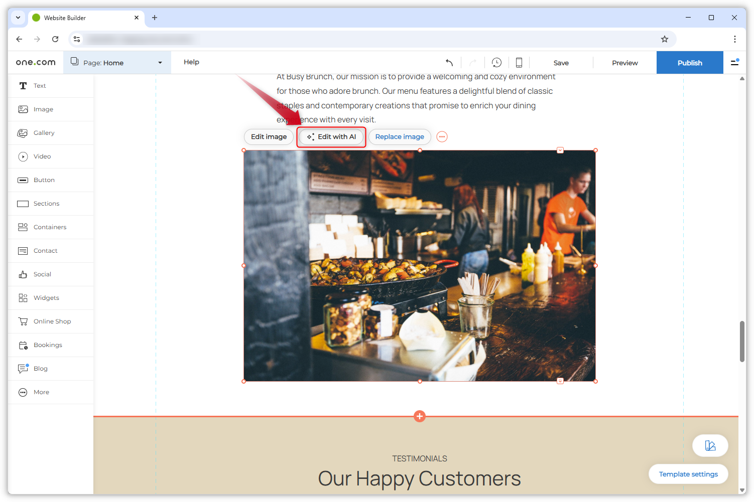 Screenshot showing an image component. A red arrow points towards the 'Edit with AI' tab.