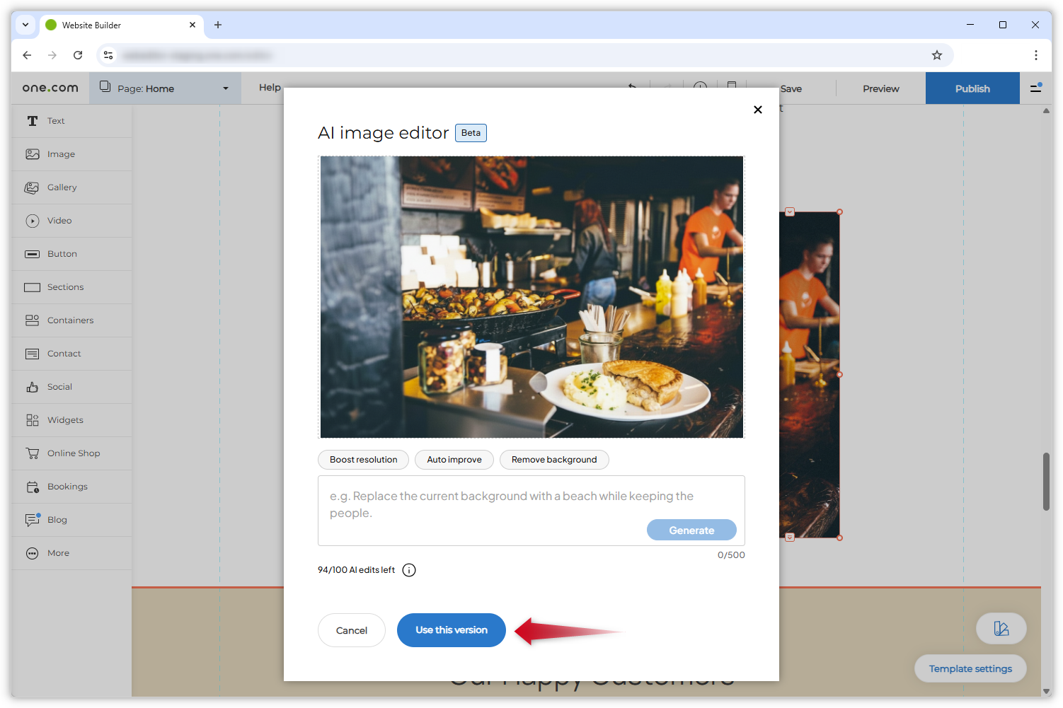 Screenshot mit dem KI-Bildeditor. Ein roter Pfeil zeigt auf den Button "Diese Version verwenden".