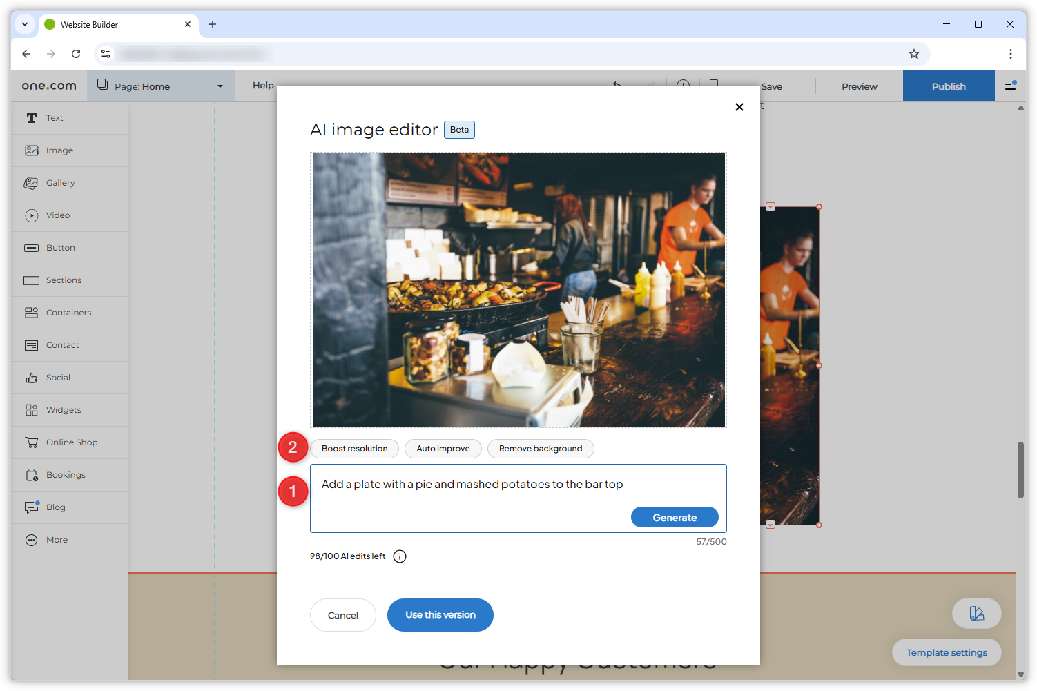 Ecrã mostrando o editor de imagem de IA aberto. Um círculo vermelho com o número '1' aponta para o campo principal e um círculo vermelho com o número '2' aponta para os três botões de ação rápida.