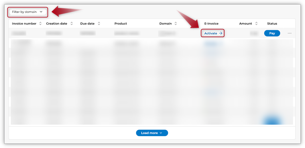 Invoice overview showing the “E-invoice” column and "Filter by Domain" in the top left.